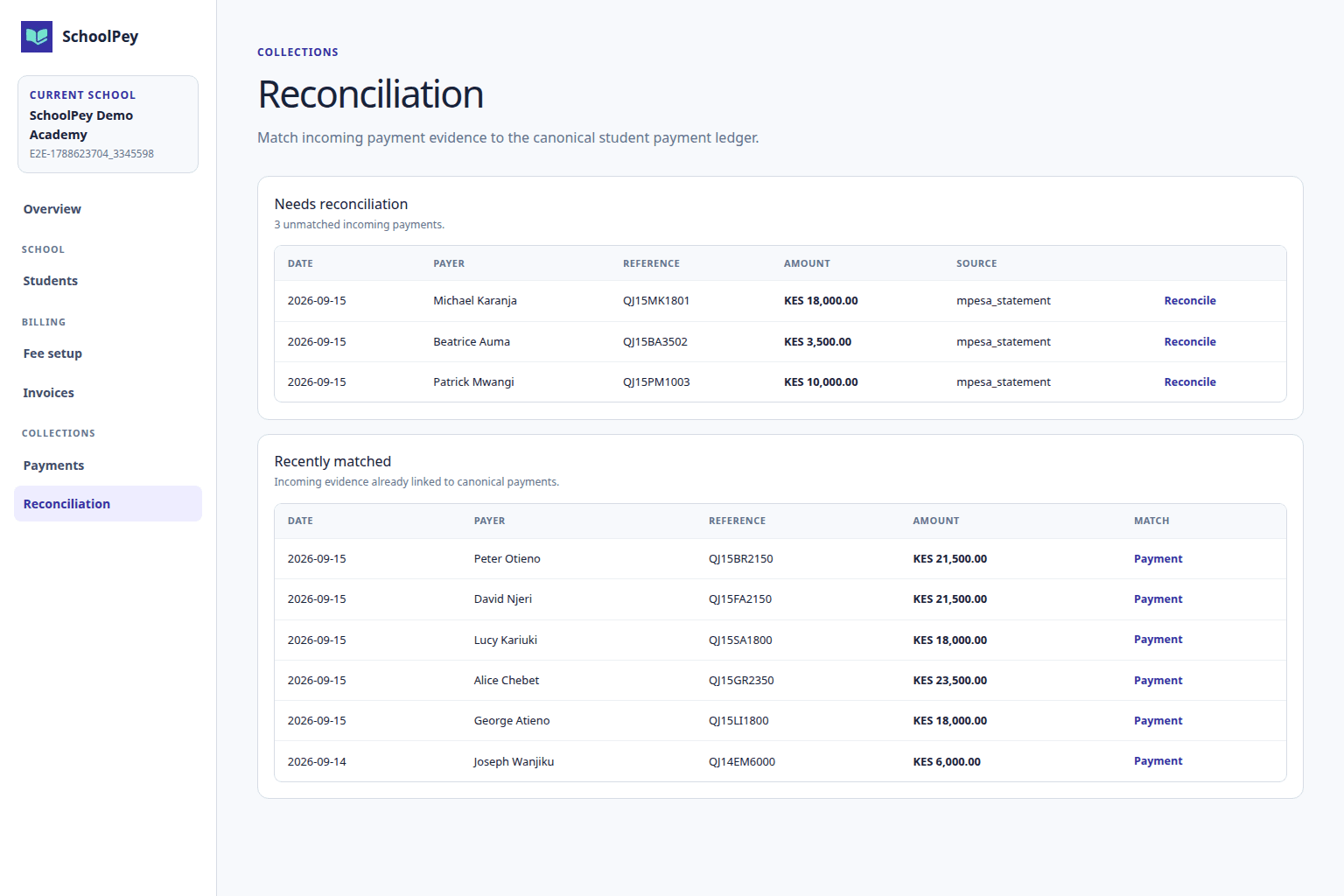 SchoolPey payment reconciliation screen for a school fee payment